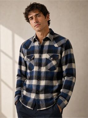 PRIVATE Member Mens plaid 100% cotton button down shirt blue ecru white in small